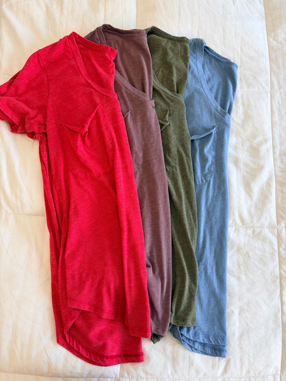 Z Supply Short Sleeve Pocket Tee in Red, Mauve, Olive, and Blue